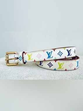 LOUIS VUITTON Murakami Multicolore White Belt Size 80/32 Unisex Gold Buckle